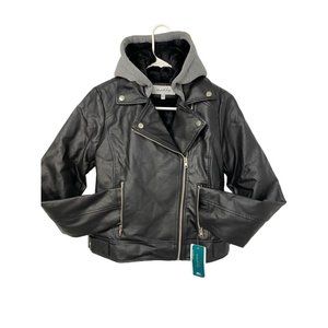 Sabby collection hooded black faux leather jacket size S